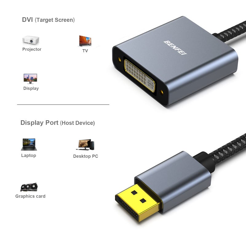 BENFEI DisplayPort to DVI, DisplayPort to DVI-D Single Link Adapter Male to Female Adapter Compatible for Lenovo Dell HP and More [Gold-Plated Connectors, Aluminium Shell&Nylon Cable] - Image 3